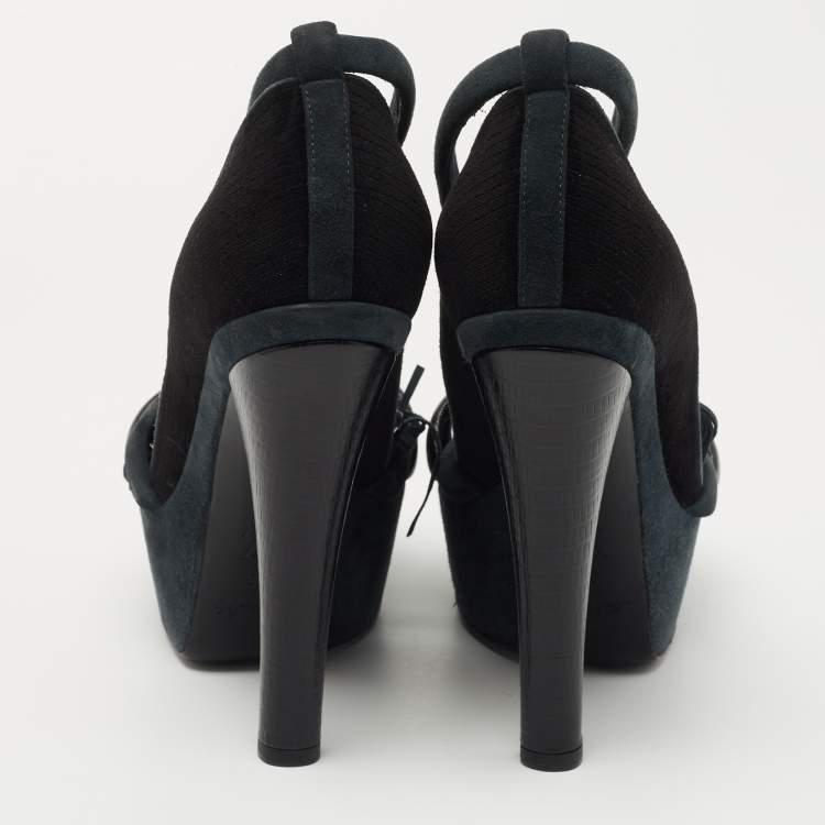 Pre Owned Louis Vuitton Black /Grey Leather and Suede Platform Sandals Size 38