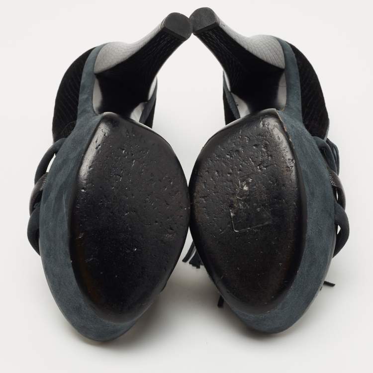 Pre Owned Louis Vuitton Black /Grey Leather and Suede Platform Sandals Size 38