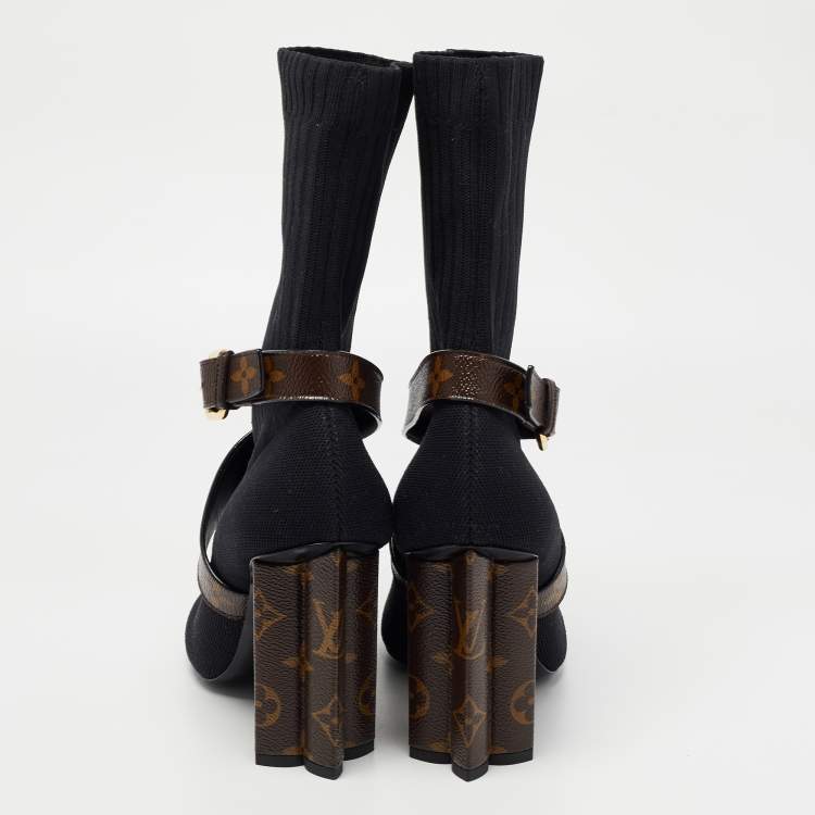 Pre Owned Louis Vuitton Black/Brown Knit Fabric And Monogram Canvas Ankle Boots Size 39 