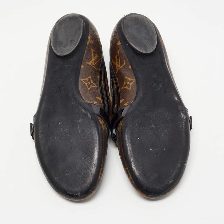 Pre Owned Louis Vuitton Brown/Black Monogram Canvas and Patent Leather Flower Field Ballet Flats Size 39