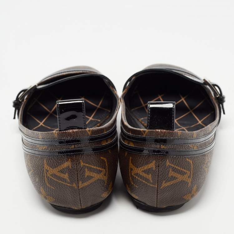Pre Owned Louis Vuitton Brown/Black Monogram Canvas and Patent Leather Flower Field Ballet Flats Size 39
