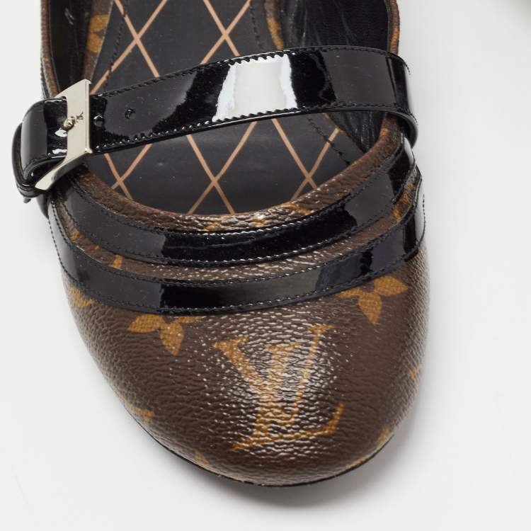 Pre Owned Louis Vuitton Brown/Black Monogram Canvas and Patent Leather Flower Field Ballet Flats Size 39
