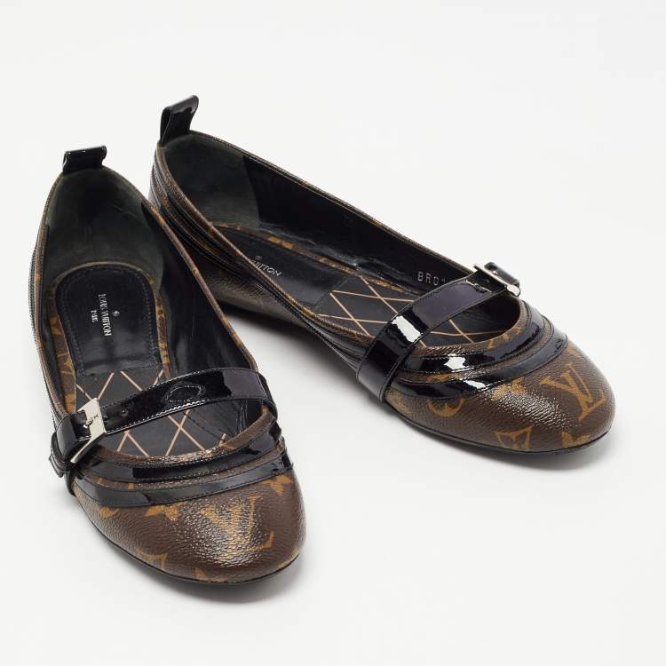 Pre Owned Louis Vuitton Brown/Black Monogram Canvas and Patent Leather Flower Field Ballet Flats Size 39