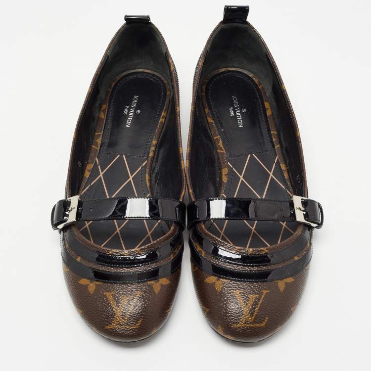 Pre Owned Louis Vuitton Brown/Black Monogram Canvas and Patent Leather Flower Field Ballet Flats Size 39