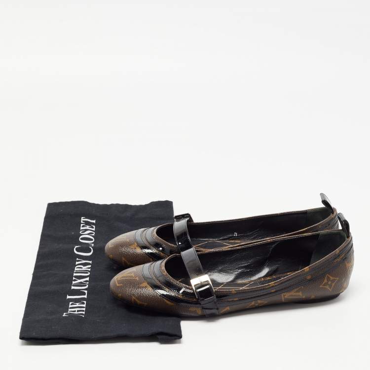 Pre Owned Louis Vuitton Brown/Black Monogram Canvas and Patent Leather Flower Field Ballet Flats Size 39