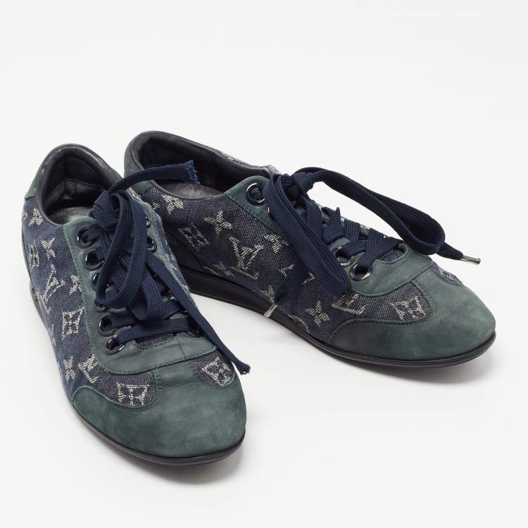 Pre Owned Louis Vuitton Blue Nubuck Leather and Denim Monogram  Low Top Sneakers Size 38