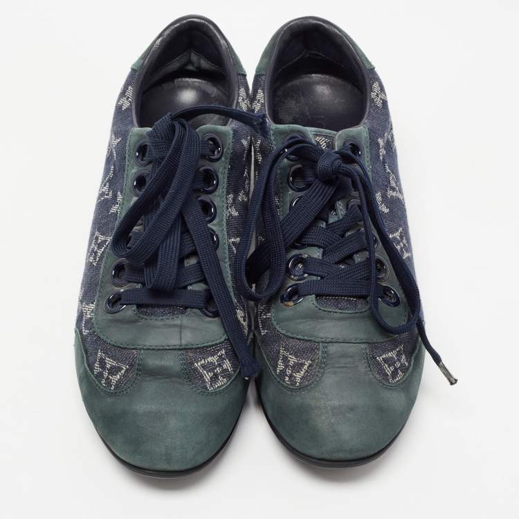 Pre Owned Louis Vuitton Blue Nubuck Leather and Denim Monogram  Low Top Sneakers Size 38