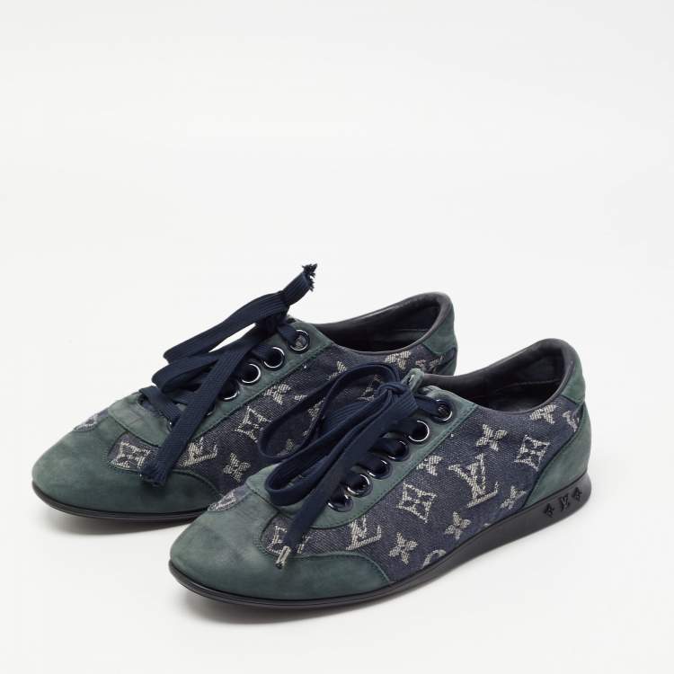 Pre Owned Louis Vuitton Blue Nubuck Leather and Denim Monogram  Low Top Sneakers Size 38