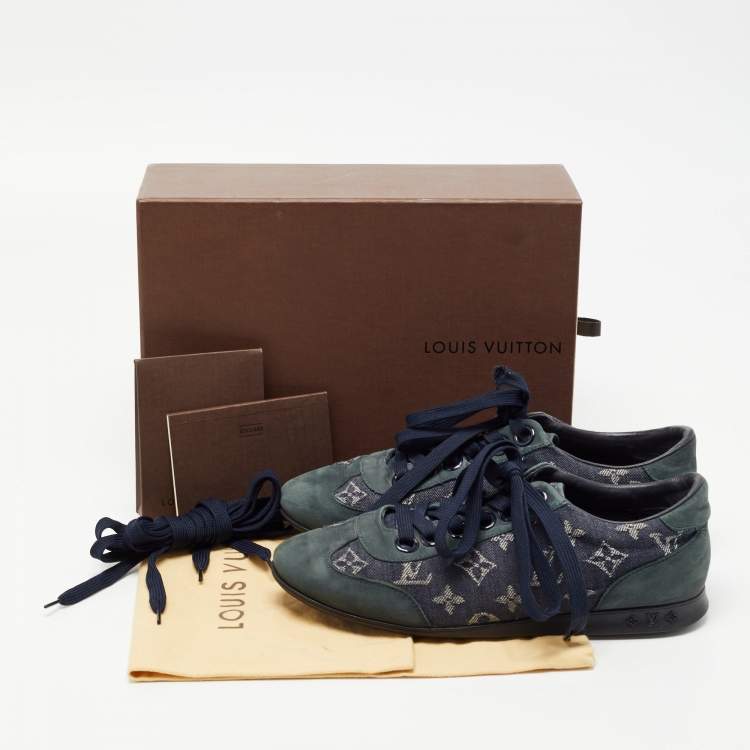 Pre Owned Louis Vuitton Blue Nubuck Leather and Denim Monogram  Low Top Sneakers Size 38