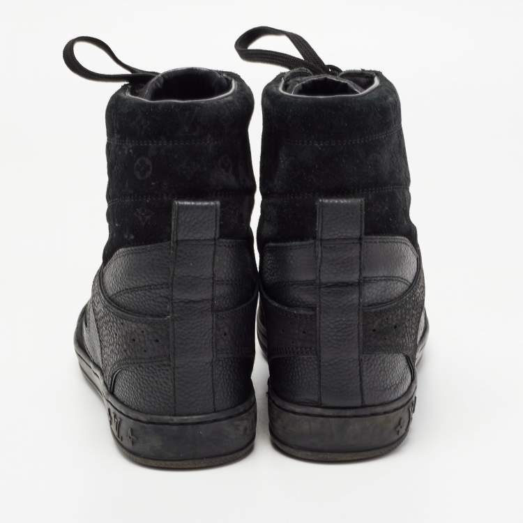 Pre Owned Louis Vuitton Black Monogram Suede and Leather Millennium Wedge Sneakers Size 39