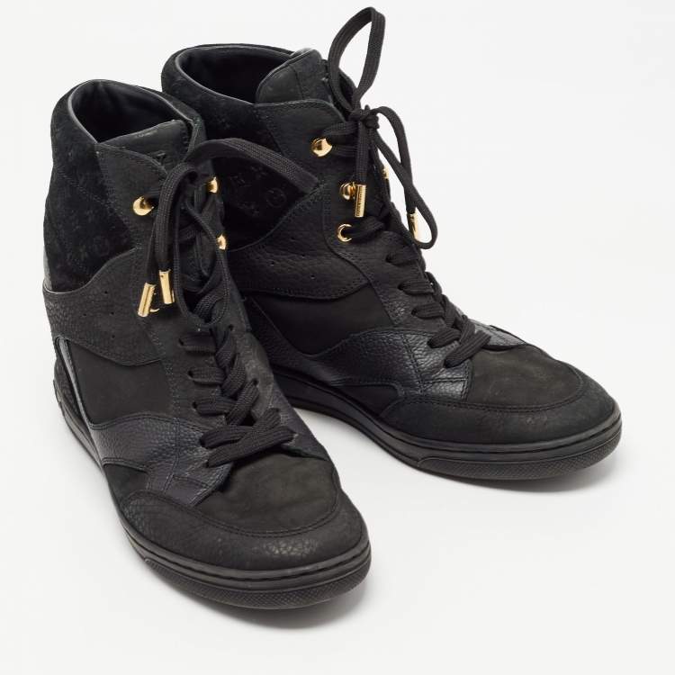 Pre Owned Louis Vuitton Black Monogram Suede and Leather Millennium Wedge Sneakers Size 39
