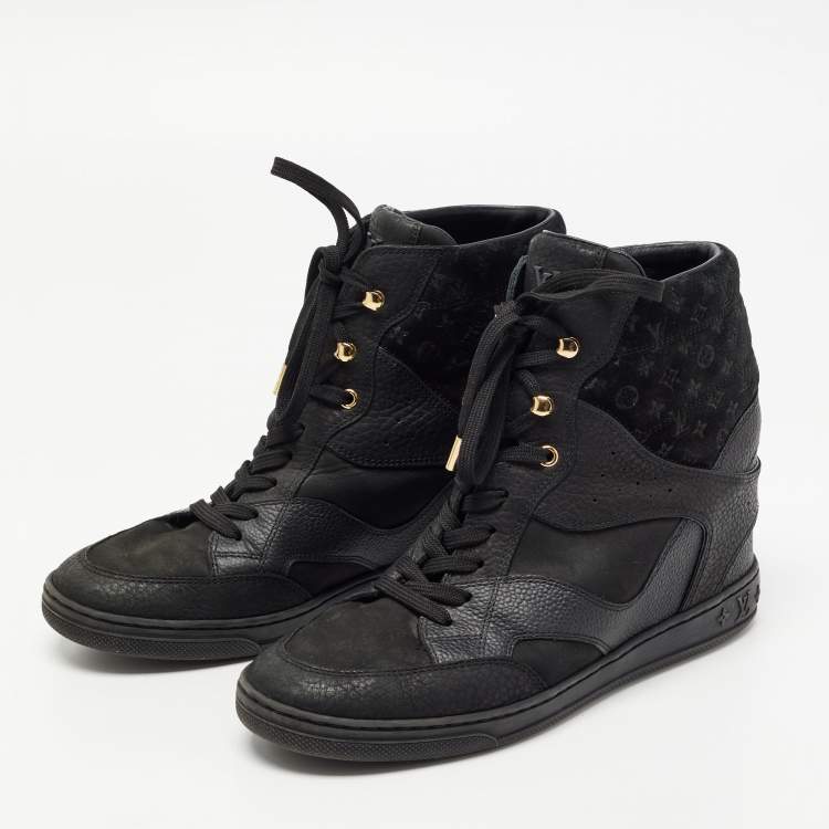 Louis Vuitton Black Leather And Embossed Monogram Suede Millenium Wedge  Sneakers