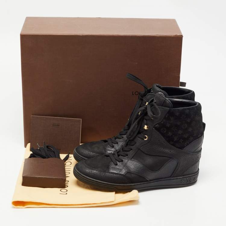 Pre Owned Louis Vuitton Black Monogram Suede and Leather Millennium Wedge Sneakers Size 39