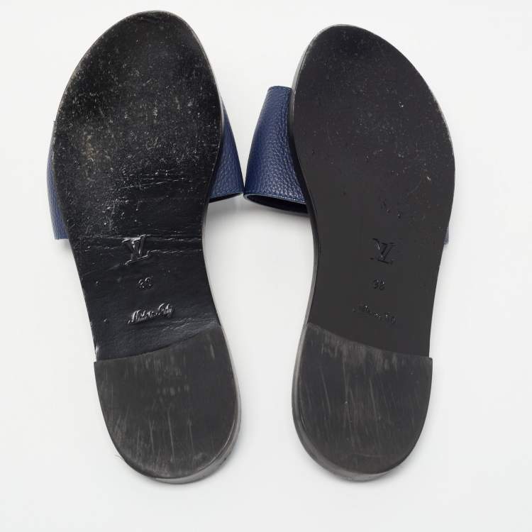 Pre Owned Louis Vuitton Navy Blue Leather Lock It Flat Slides Size 38