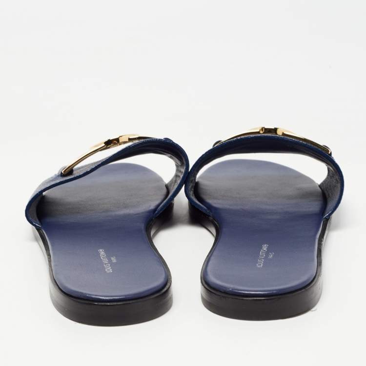 Pre Owned Louis Vuitton Navy Blue Leather Lock It Flat Slides Size 38