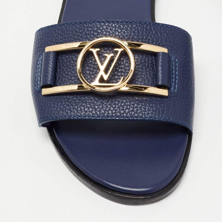 Pre Owned Louis Vuitton Navy Blue Leather Lock It Flat Slides Size 38