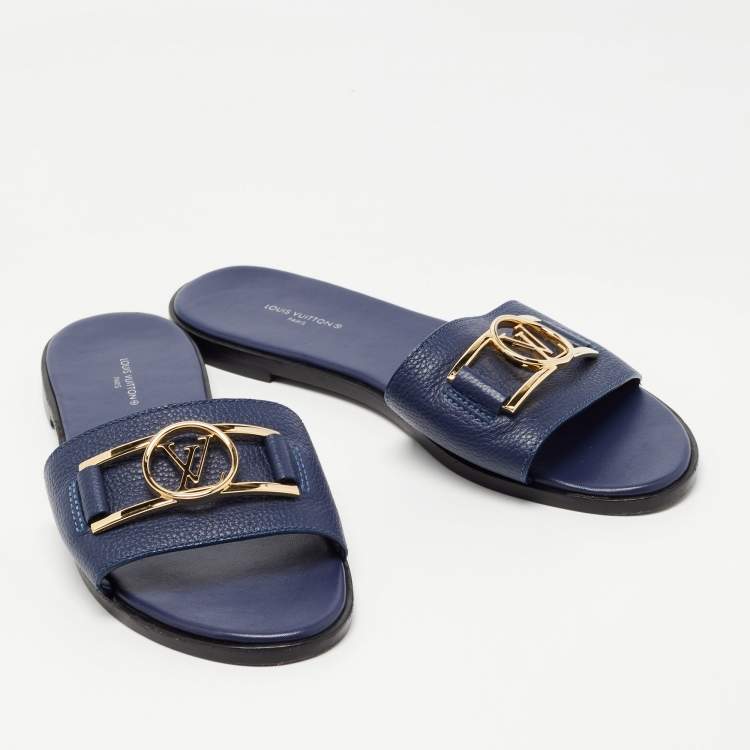 Pre Owned Louis Vuitton Navy Blue Leather Lock It Flat Slides Size 38