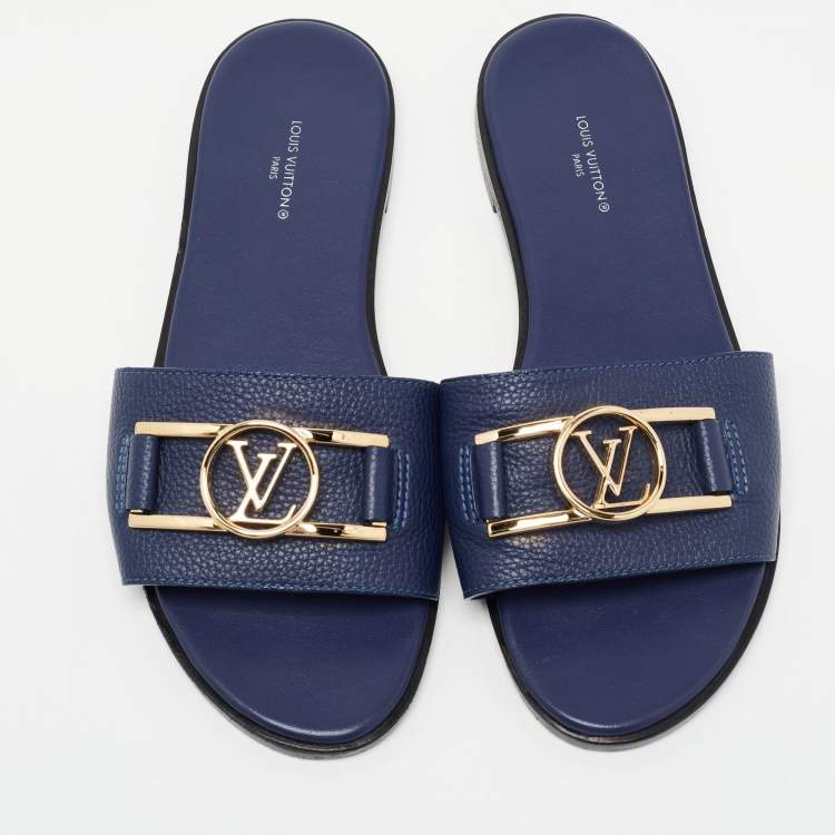 Pre Owned Louis Vuitton Navy Blue Leather Lock It Flat Slides Size 38