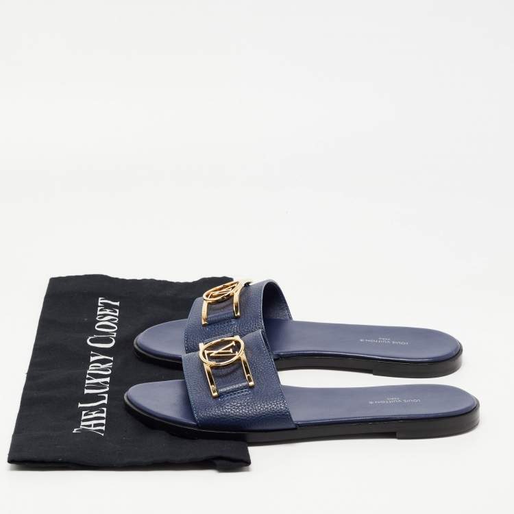 Pre Owned Louis Vuitton Navy Blue Leather Lock It Flat Slides Size 38