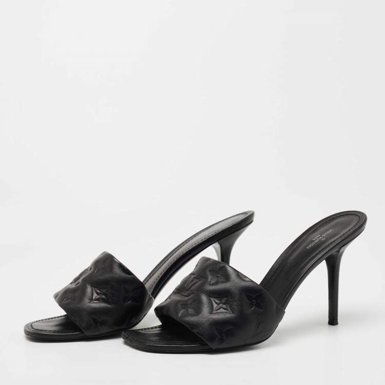 Louis Vuitton Black Leather Monogram Revival Mule Kitten Heels