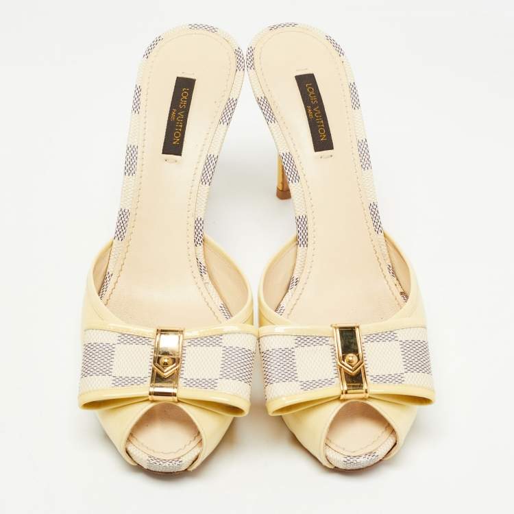 Pre Owned Louis Vuitton Yellow/Cream Patent Leather Mules Size 38.5