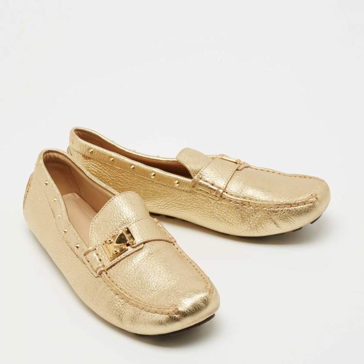 Pre Owned Louis Vuitton Metallic Gold Leather Lombok Loafers Size 40 