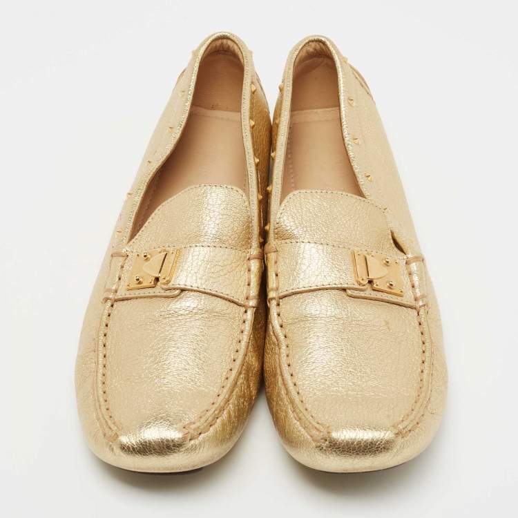 Pre Owned Louis Vuitton Metallic Gold Leather Lombok Loafers Size 40 