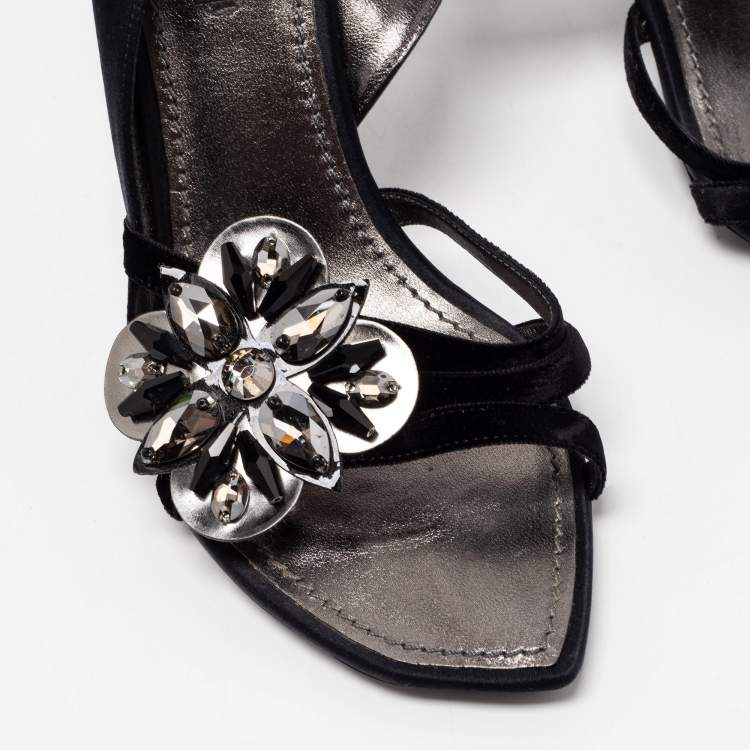 Pre Owned Louis Vuitton Black Satin and Velvet Crystal Embellished Slingback Sandals Size 36.5