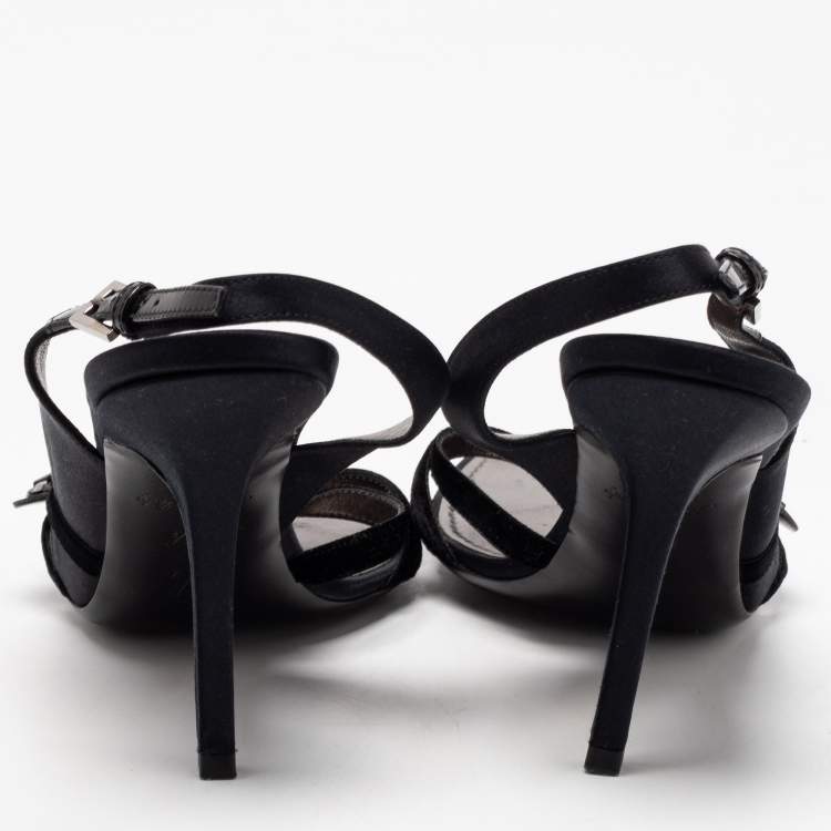 Pre Owned Louis Vuitton Black Satin and Velvet Crystal Embellished Slingback Sandals Size 36.5