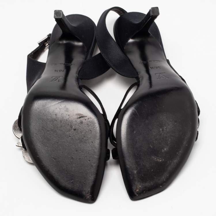 Pre Owned Louis Vuitton Black Satin and Velvet Crystal Embellished Slingback Sandals Size 36.5