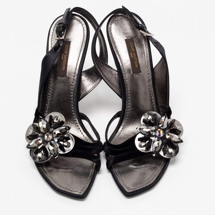 Pre Owned Louis Vuitton Black Satin and Velvet Crystal Embellished Slingback Sandals Size 36.5