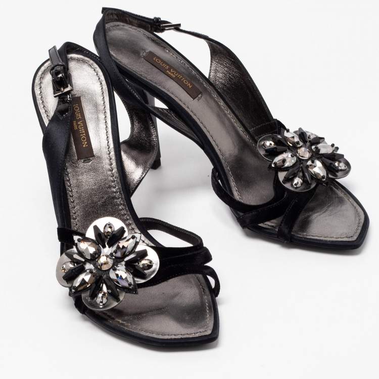 Pre Owned Louis Vuitton Black Satin and Velvet Crystal Embellished Slingback Sandals Size 36.5