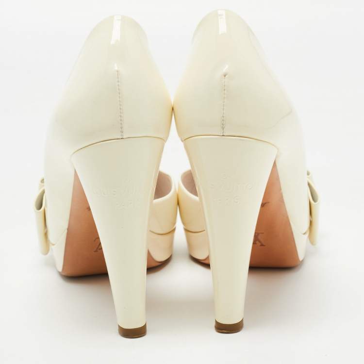 Pre Owned Louis Vuitton Off White Patent Leather Bow Peep Toe D'orsay Pumps Size 40