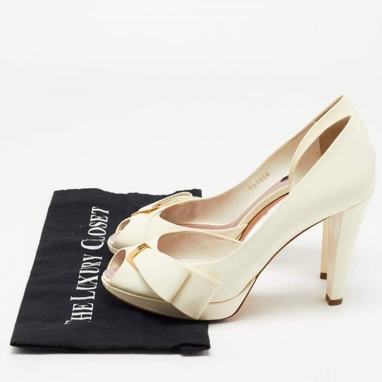 Pre Owned Louis Vuitton Off White Patent Leather Bow Peep Toe D'orsay Pumps Size 40