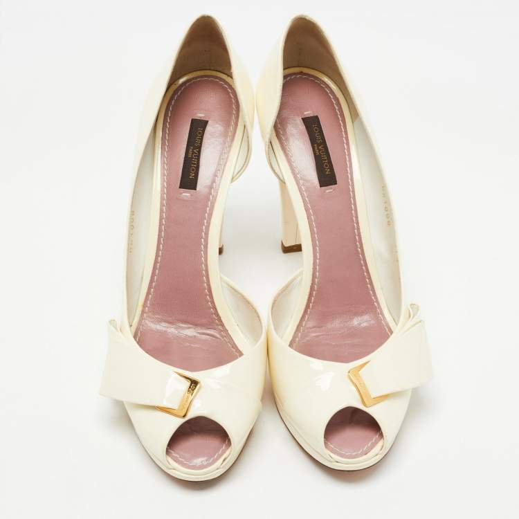 Pre Owned Louis Vuitton Off White Patent Leather Bow Peep Toe D'orsay Pumps Size 40