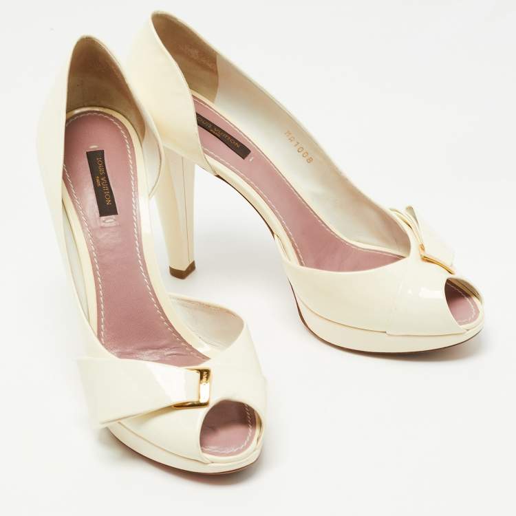Pre Owned Louis Vuitton Off White Patent Leather Bow Peep Toe D'orsay Pumps Size 40