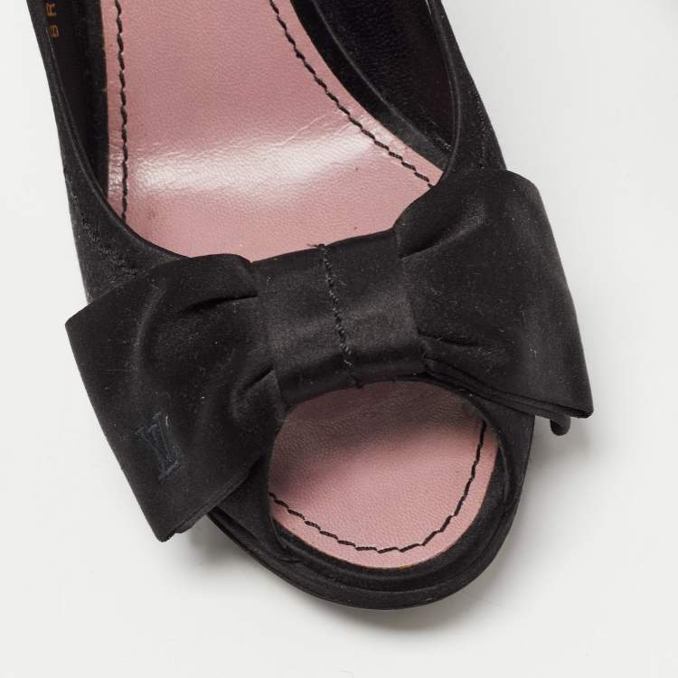 Pre Owned Louis Vuitton Black Satin Bow Peep Toe Pumps Size 39.5