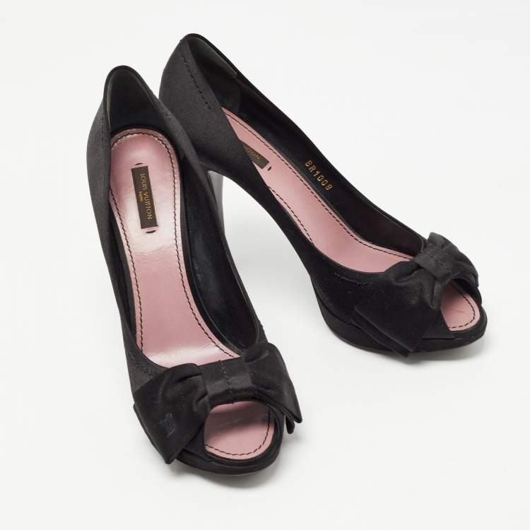 Pre Owned Louis Vuitton Black Satin Bow Peep Toe Pumps Size 39.5