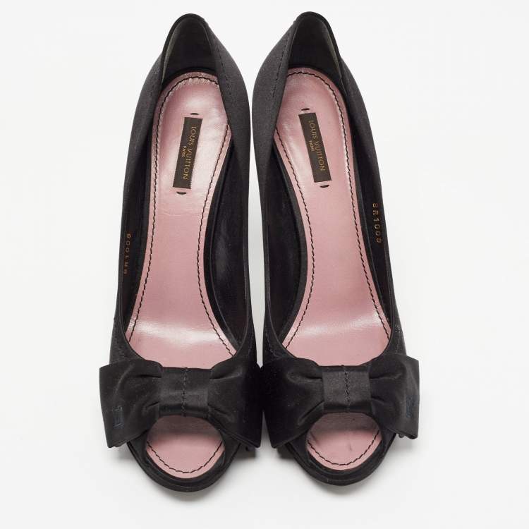 Pre Owned Louis Vuitton Black Satin Bow Peep Toe Pumps Size 39.5