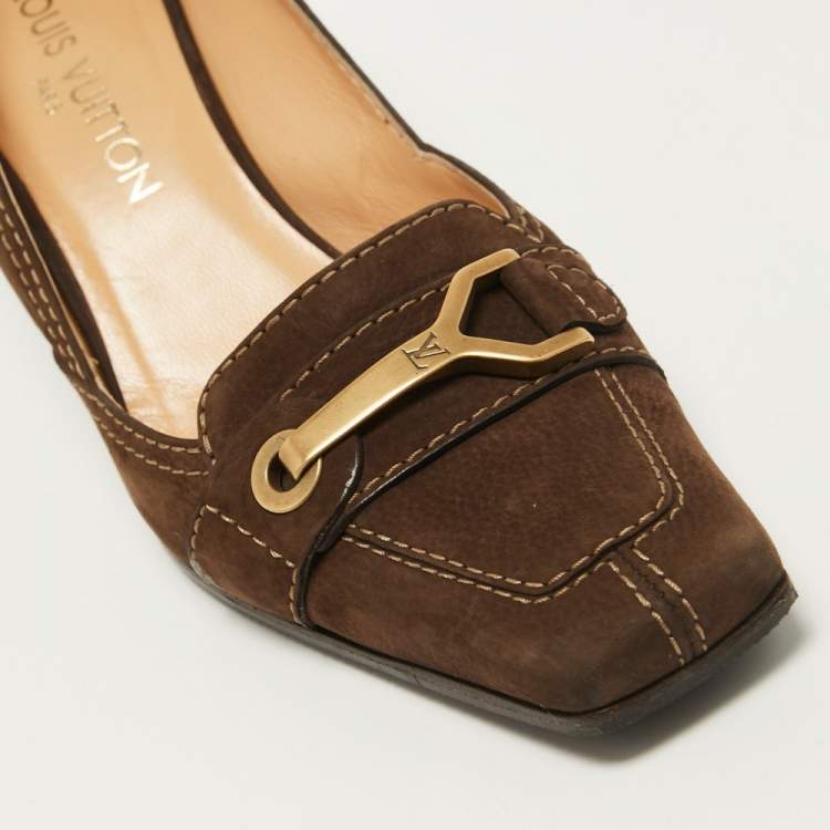 Pre Owned Louis Vuitton Brown Nubuck Leather Loafer Pumps Size 39.5