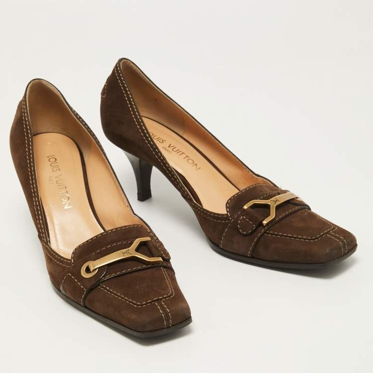 Pre Owned Louis Vuitton Brown Nubuck Leather Loafer Pumps Size 39.5