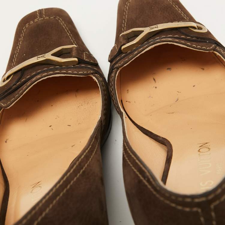Pre Owned Louis Vuitton Brown Nubuck Leather Loafer Pumps Size 39.5