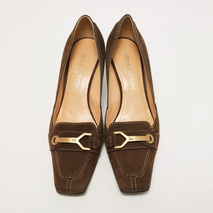 Pre Owned Louis Vuitton Brown Nubuck Leather Loafer Pumps Size 39.5