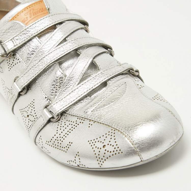 Pre Owned Louis Vuitton Metallic Silver Monogram Leather Sneakers Size 40