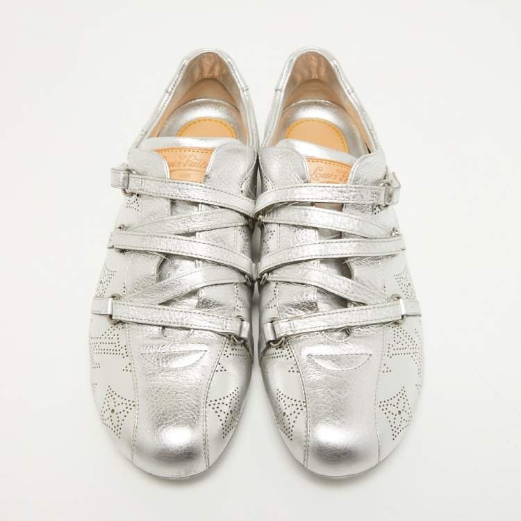 Pre Owned Louis Vuitton Metallic Silver Monogram Leather Sneakers Size 40