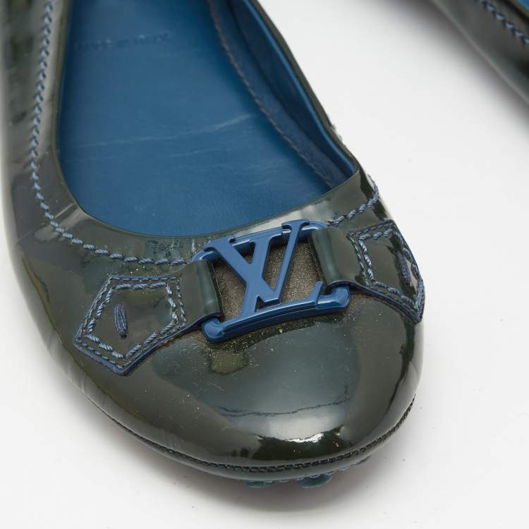 Pre Owned Louis Vuitton Dark Green Patent Oxford Ballet Flats Size 38.5
