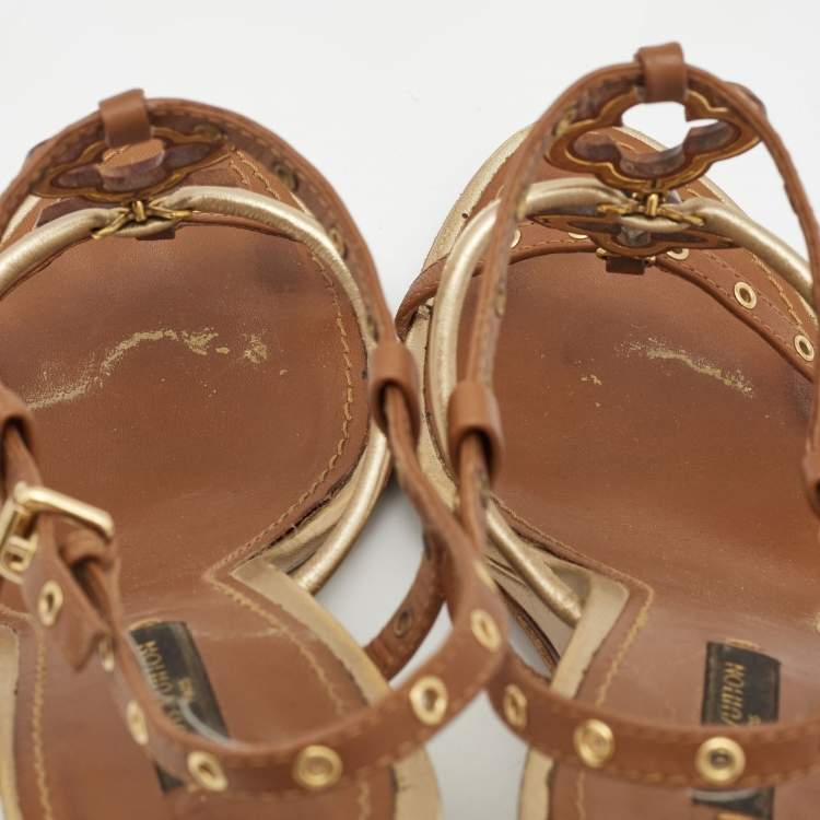 Pre Owned Louis Vuitton Metallic Gold/Brown Leather Wedge Sandals Size 38.5   