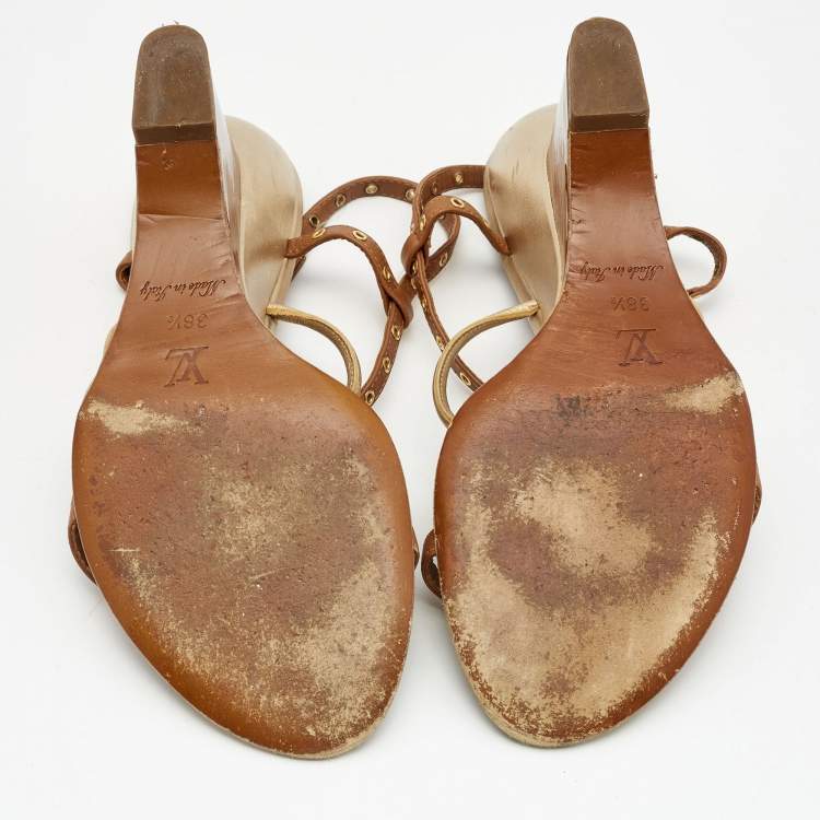 Pre Owned Louis Vuitton Metallic Gold/Brown Leather Wedge Sandals Size 38.5   