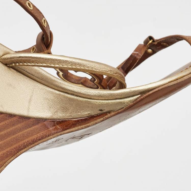 Pre Owned Louis Vuitton Metallic Gold/Brown Leather Wedge Sandals Size 38.5   