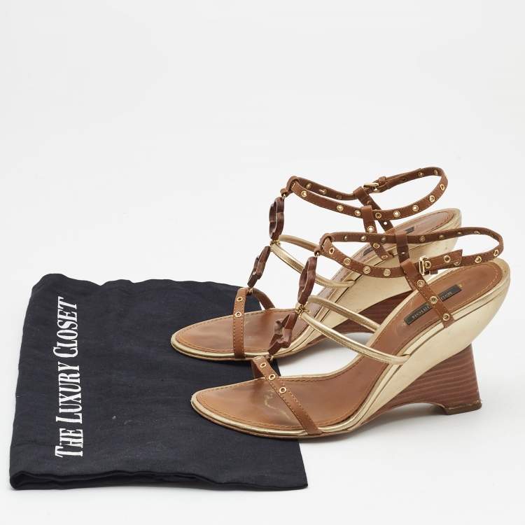 Pre Owned Louis Vuitton Metallic Gold/Brown Leather Wedge Sandals Size 38.5   
